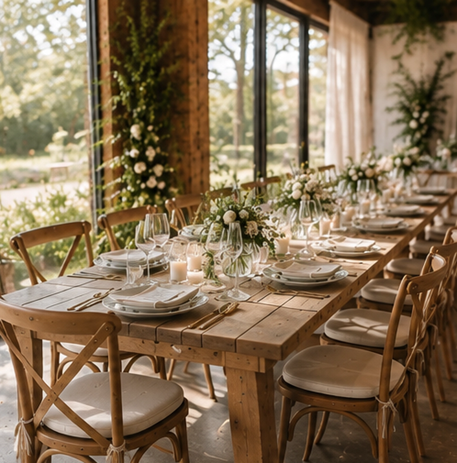 Long wooden farm table set with cross-back chairs and white florals