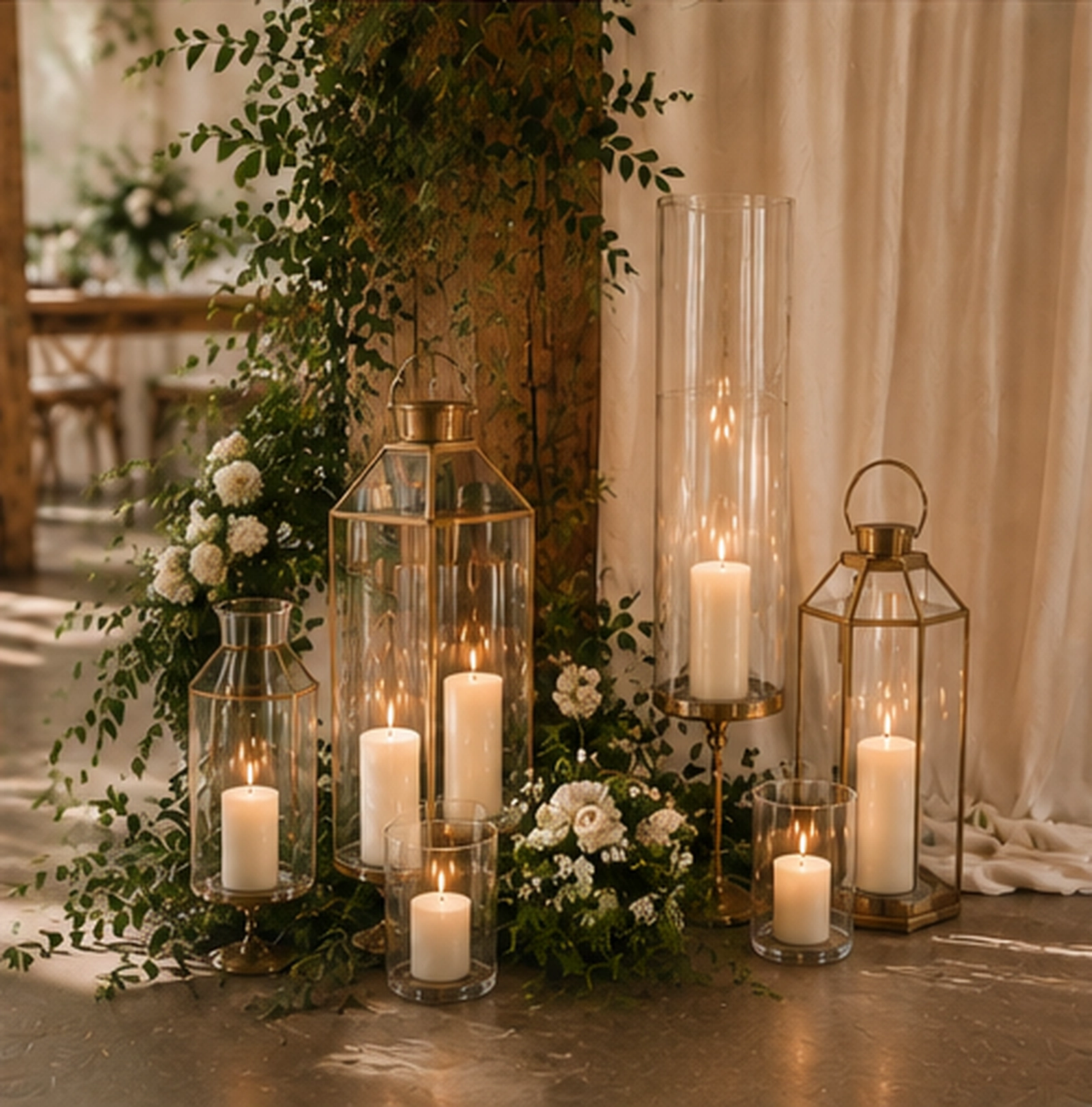 Cluster of brass lanterns and pillar candles in glass hurricanes with greenery